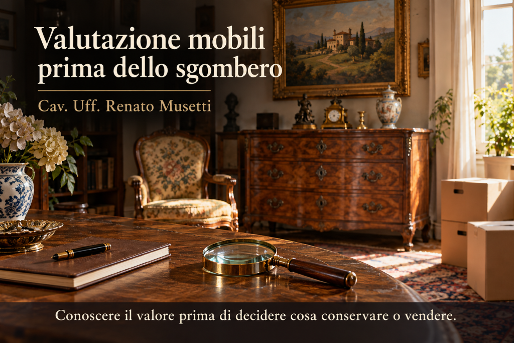 Immagine illustrativa di mobili antichi, un dipinto e scatole da trasloco, dedicata alla valutazione prima dello sgombero di Renato Musetti.